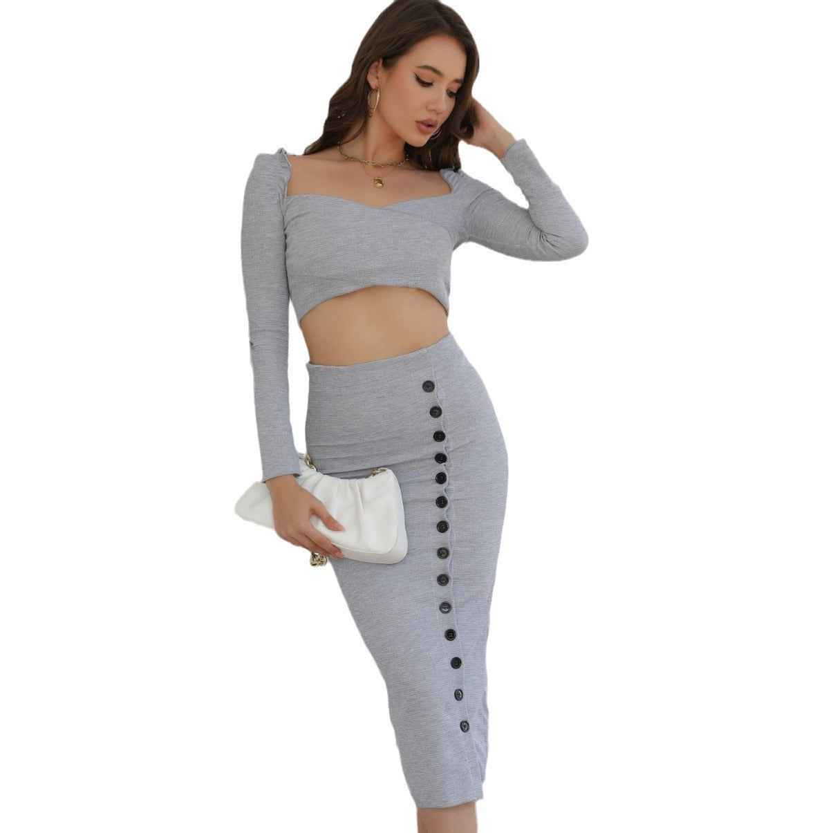 Long Sleeve Short Midriff-baring Top Sheath Split Dress
