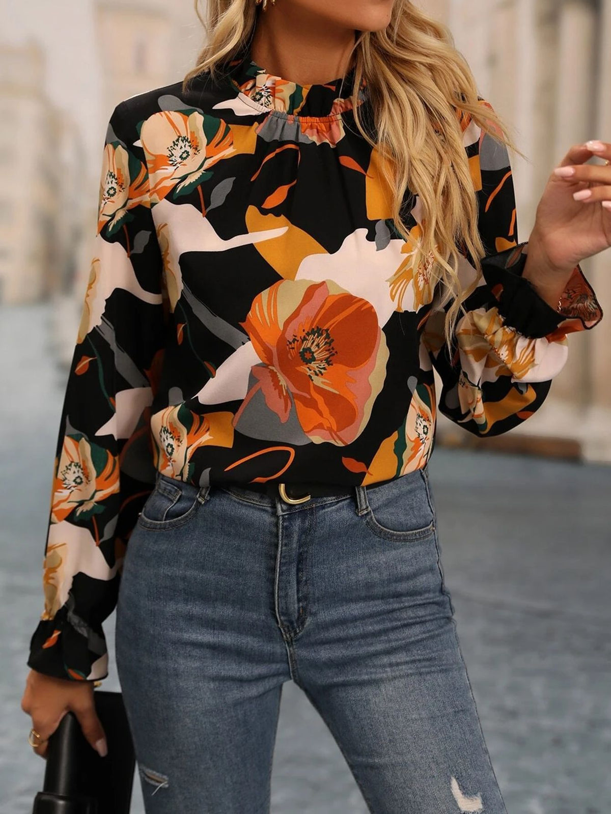 Casual Ruffled Collar Printed Long Sleeve Shirt