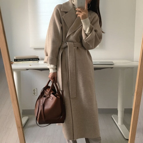 Long Woolen Coat with Belt