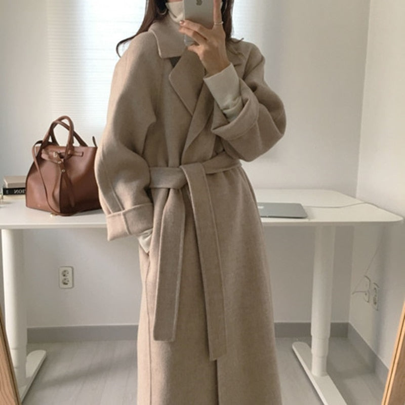 Long Woolen Coat with Belt