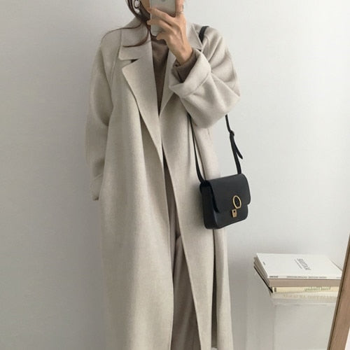 Long Woolen Coat with Belt