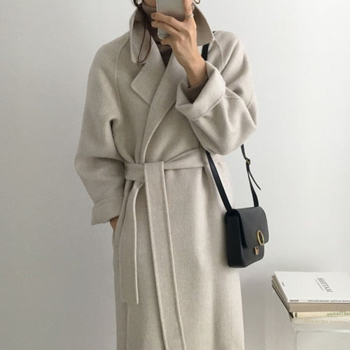Long Woolen Coat with Belt