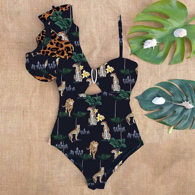 Sexy One Shoulder Ruffle One Piece Swimsuit Print Floral