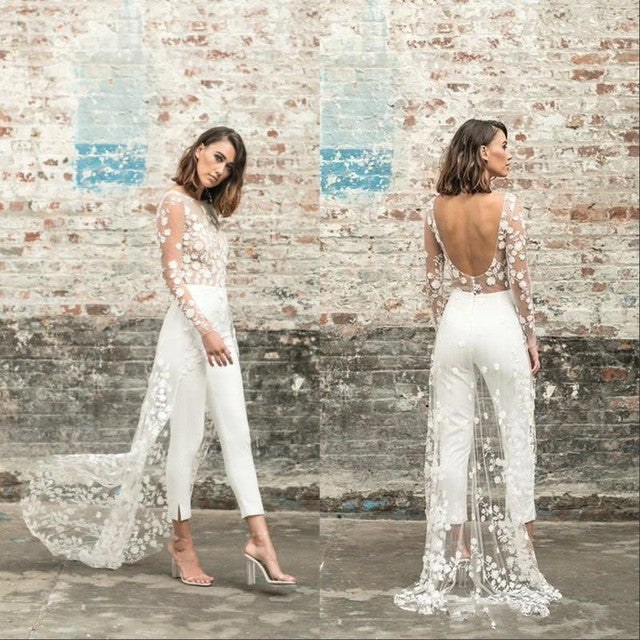 Sexy Open Back Wedding Pant Suits For Brides