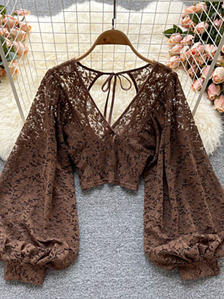 Autumn Black/White/Brown Sexy Lace Blouse