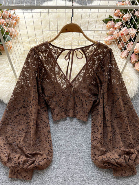 Autumn Black/White/Brown Sexy Lace Blouse