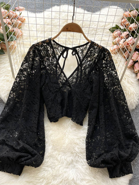 Autumn Black/White/Brown Sexy Lace Blouse