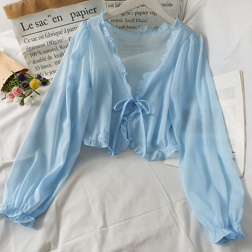 Women Casual Lace Bow Summer Sun Protection Blouse