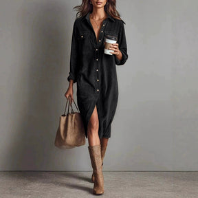 Turn-Down Collar Buttons Chic Casual Dress, Women Spring Autumn Solid Simple Party Dress, Long Sleeve Holiday Ladies Dress