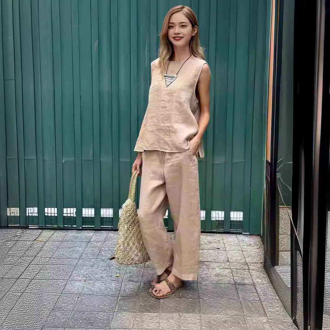 Cotton And Linen Fashion Casual Loose Two-piece Suit Sleeveless Top Loose Trousers Women's Suit