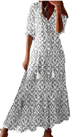 Long Sleeve Loose Bohemian Printed V-neck Maxi Dress
