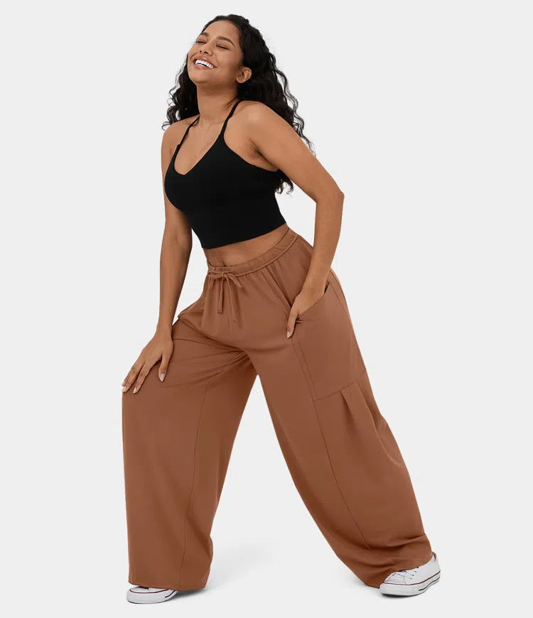 Fashionable And Stylish Elastic Waist Pleated Wide Leg Pants