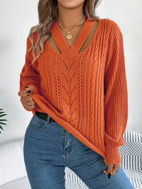 Hollow Out V-neck Twist Lantern Sleeve Pullover Sweater