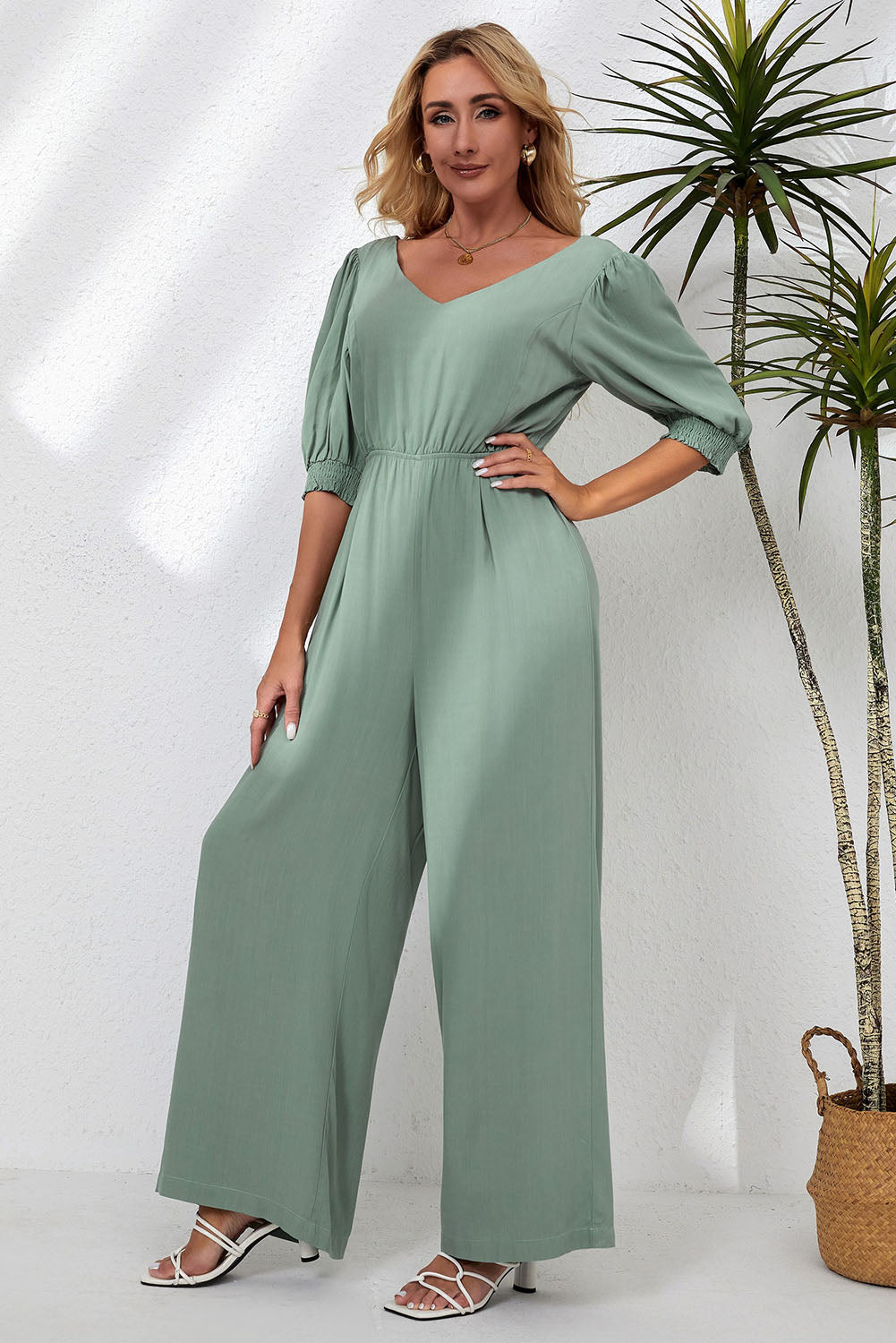 V-Neck Half Sleeve Jumpsuit