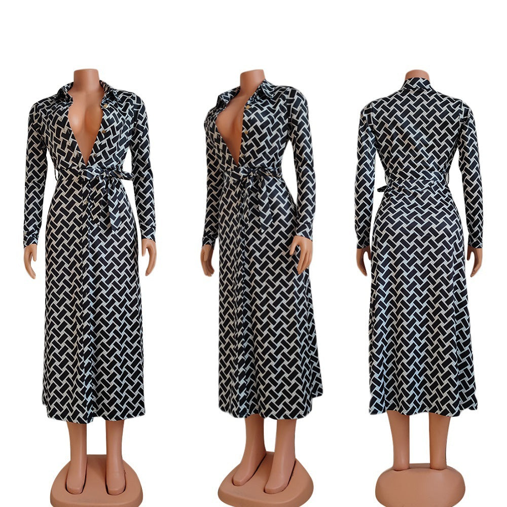 European And American Printed Sexy Lapel Cardigan Dress Containing Belt