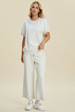 Double Take Full Size Pearl Detail Round Neck Top and Pants Set