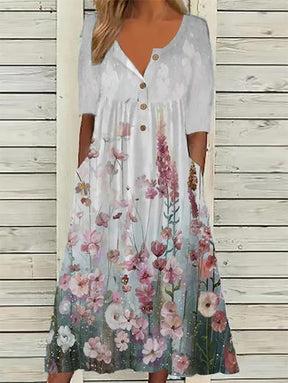 European And American Printed Pocket Cardigan Clinch Long Dress