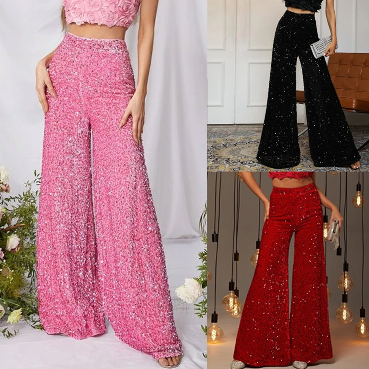 European And American Pure Color Sequins Fashion Casual Wide-leg Pants For Women