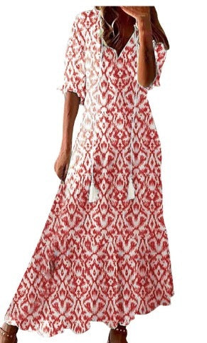 Long Sleeve Loose Bohemian Printed V-neck Maxi Dress