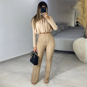 Women's Fashion Temperament Crew Neck Short Long Sleeve Underwear Blouse Casual Trousers Two-piece Set