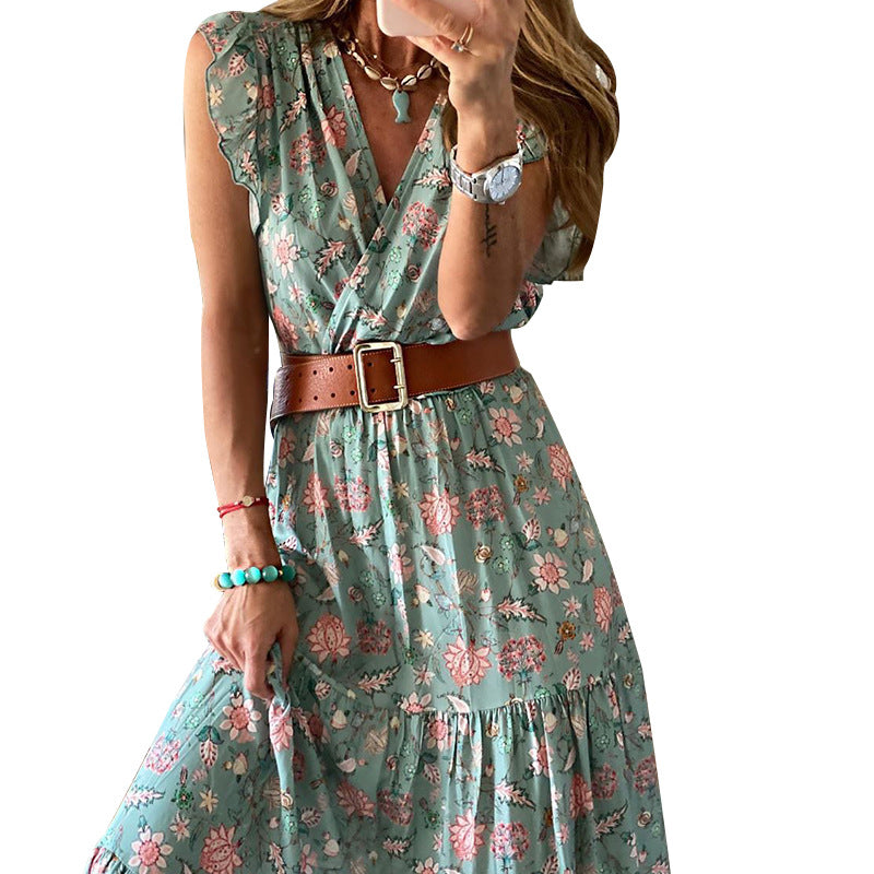 Floral skirt V-neck dress women