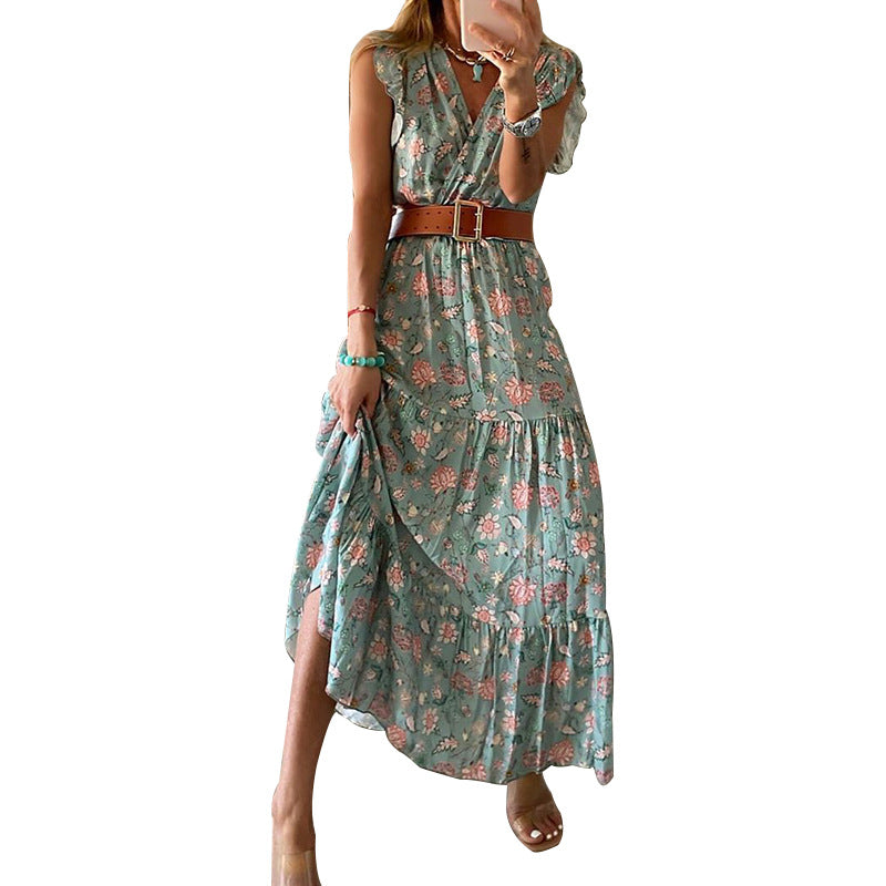 Floral skirt V-neck dress women