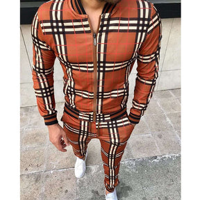 New Men's Leisure Suits Tracksuits Men Grid Two-piece Patchwork Zipper Tracksuits Small leg Trouser Sportswear New Man Sets