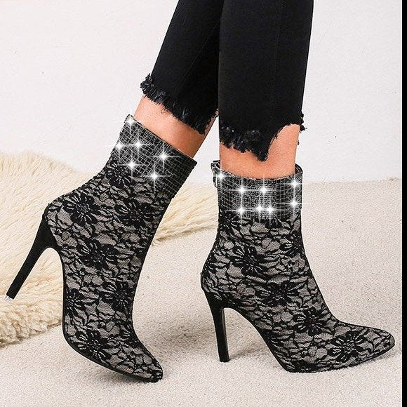 Lace mesh fine-heeled medium boots women
