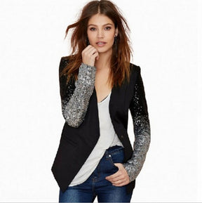 Women Thin Jacket Coat Spring Autumn Long Sleeve Lapel Fashion Silver Black Sequin Elegant Slim Work Blazers Suit feminino