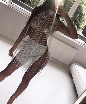Sexy Exaggerated Drill Tassel Body Chain Necklace Rhinestone Cloak