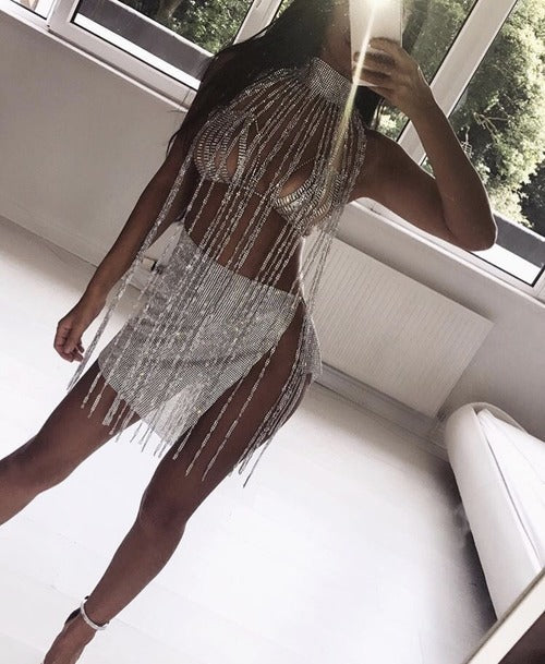 Sexy Exaggerated Drill Tassel Body Chain Necklace Rhinestone Cloak