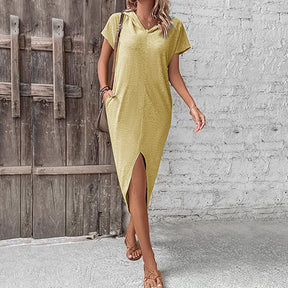 Women's Hooded Collar Pocket Split Solid Color Dress