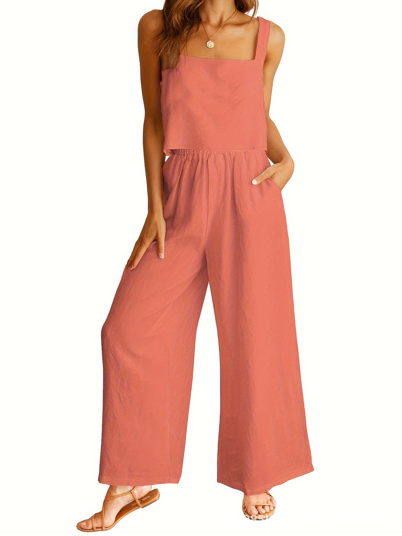 Women's Clothing 2 Piece Set Square Collar Sleeveless Camisole Wide Leg Trousers Leisure Suit