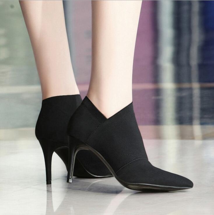 Women Shoes Slip-On Retro High Heel Ankle Boot Elegant Cusp England Casual Short Boots Female Pointed Toe Stiletto Shoes