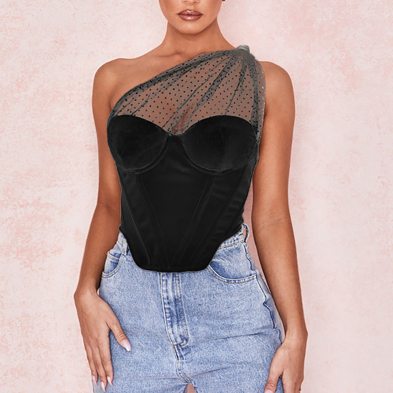 Fashion Halter One-shoulder Mesh Polka Dot Corset Cropped Top