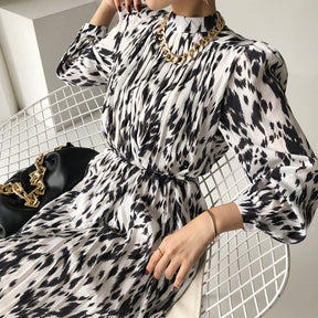 BGTEEVER Spring New Stand Collar Women Full Sleeve Dress Elegant Hit Color Female Lace-up Printed Midi Dress Vestidos