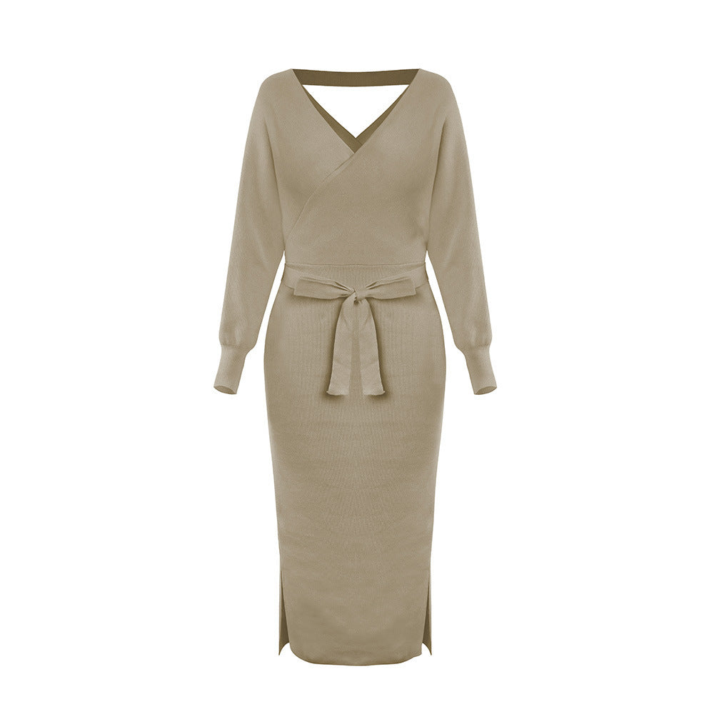 The New Autumn And Winter Knitted Dress Slim Double V-Neck Sweater Skirt Can Be Used As A Cross-Border Amazon Product