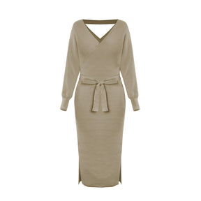 The New Autumn And Winter Knitted Dress Slim Double V-Neck Sweater Skirt Can Be Used As A Cross-Border Amazon Product
