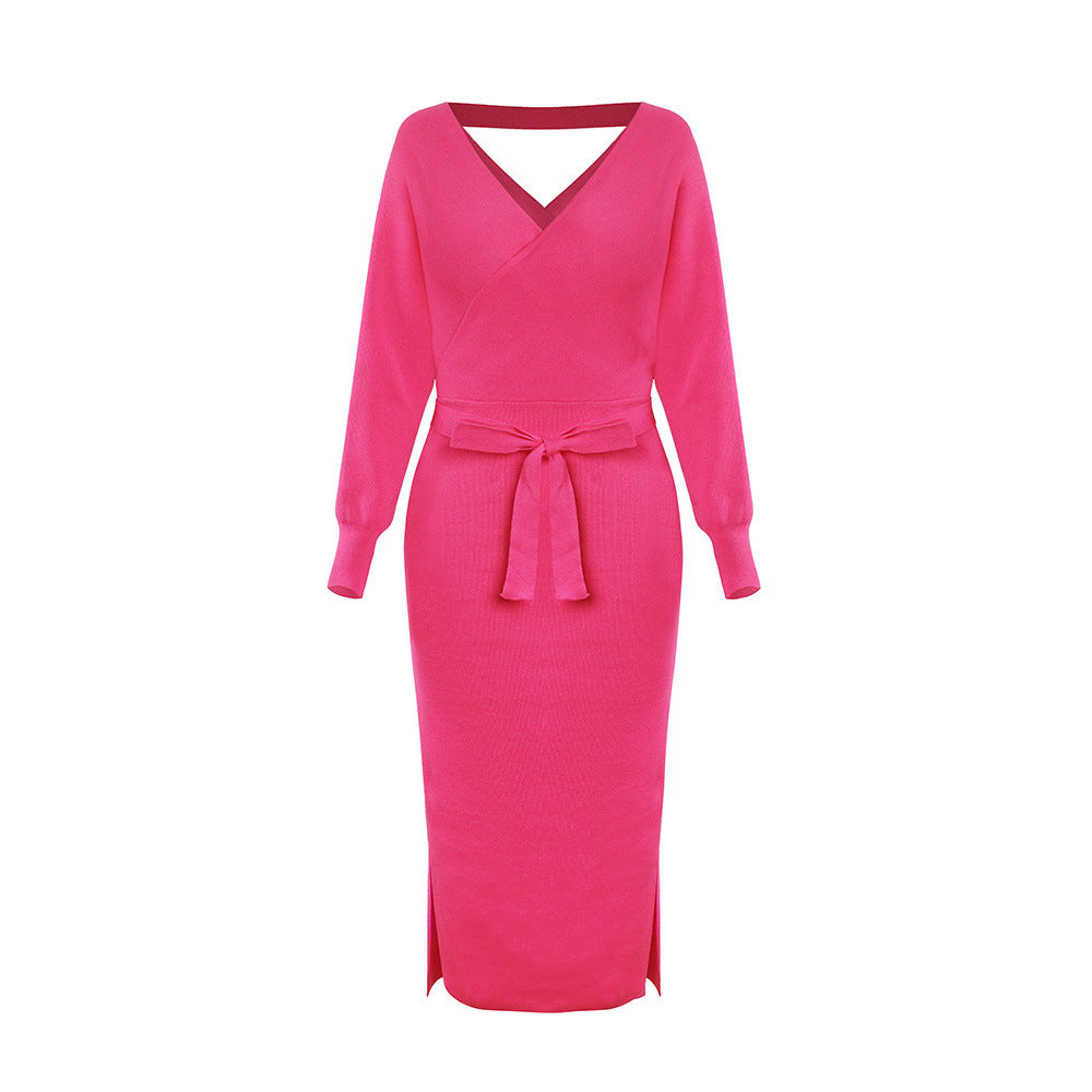 The New Autumn And Winter Knitted Dress Slim Double V-Neck Sweater Skirt Can Be Used As A Cross-Border Amazon Product