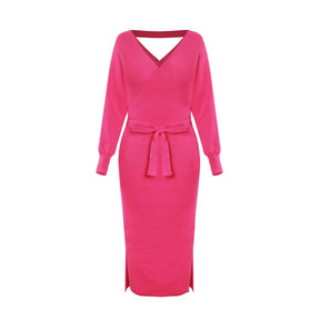 The New Autumn And Winter Knitted Dress Slim Double V-Neck Sweater Skirt Can Be Used As A Cross-Border Amazon Product