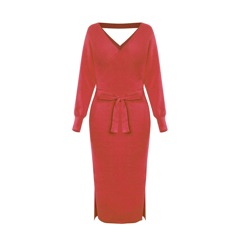 The New Autumn And Winter Knitted Dress Slim Double V-Neck Sweater Skirt Can Be Used As A Cross-Border Amazon Product