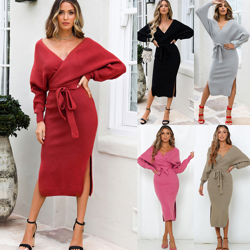 The New Autumn And Winter Knitted Dress Slim Double V-Neck Sweater Skirt Can Be Used As A Cross-Border Amazon Product