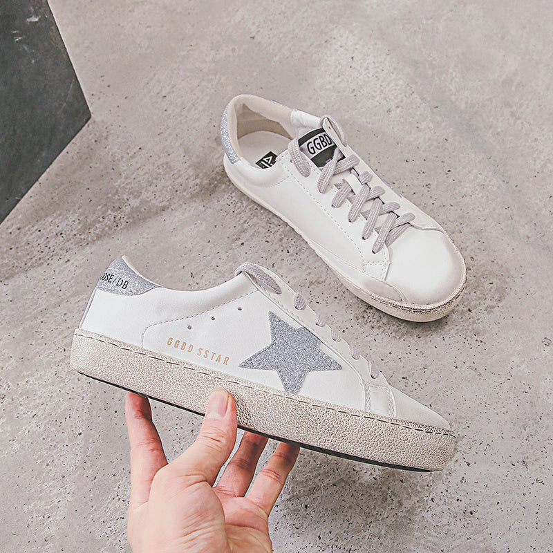 New Summer Flat Bottom Shoes Star White Shoes Distressed Dirty Shoes Women