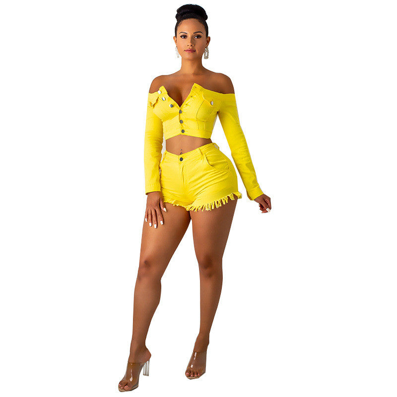 One-shoulder Long-sleeved Jacket Denim Fringed Shorts Suit