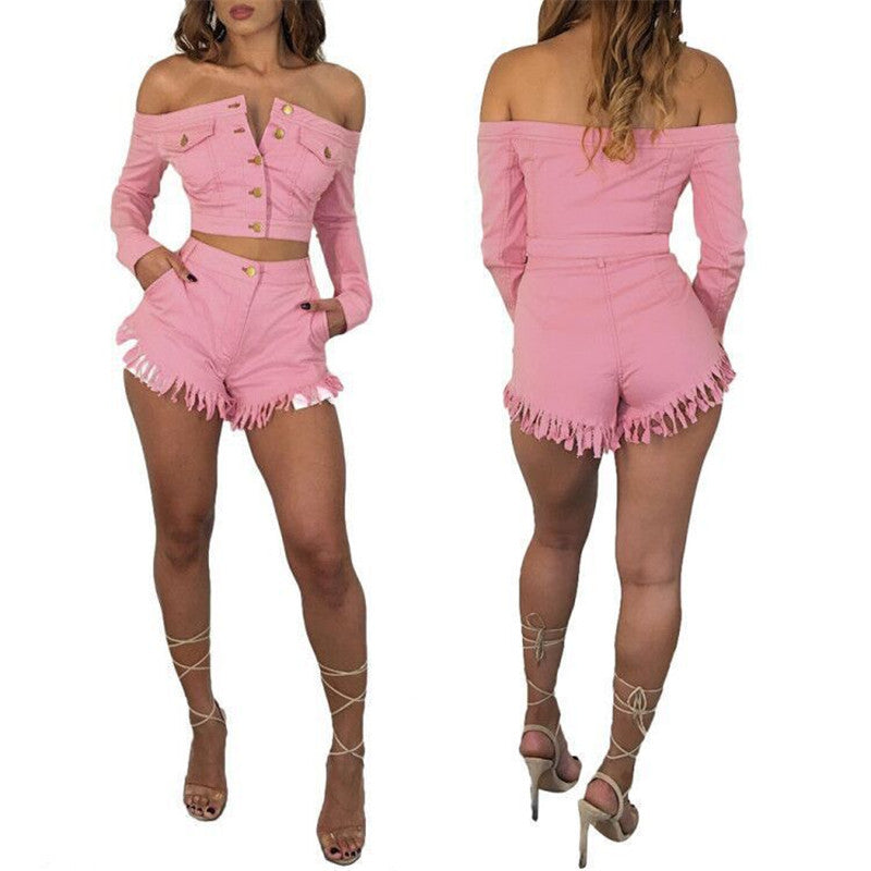 One-shoulder Long-sleeved Jacket Denim Fringed Shorts Suit