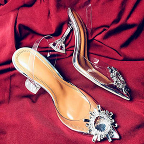 Women Pumps Elegant Pointed Toe Rhinestones High Heels Wedding Shoes Crystal Clear Heeled Slingback Pumps Sandals Sexy Heels