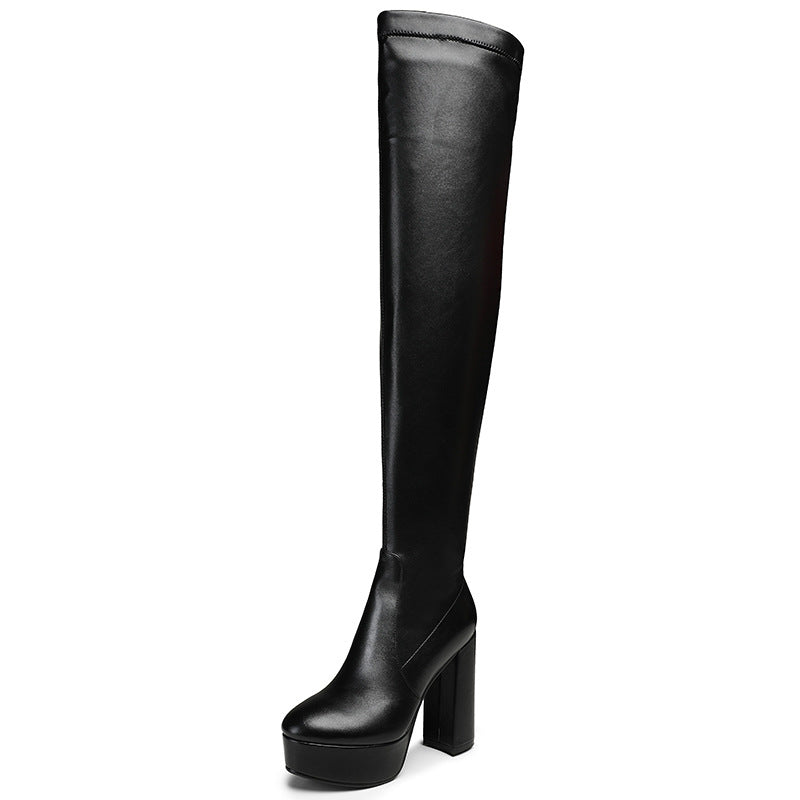 Over The Knee Boots High Heel Round Toe Black Suede Boots