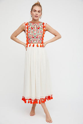 Bohemian Embroidered Floral Fringe Sleeveless Vest Dress