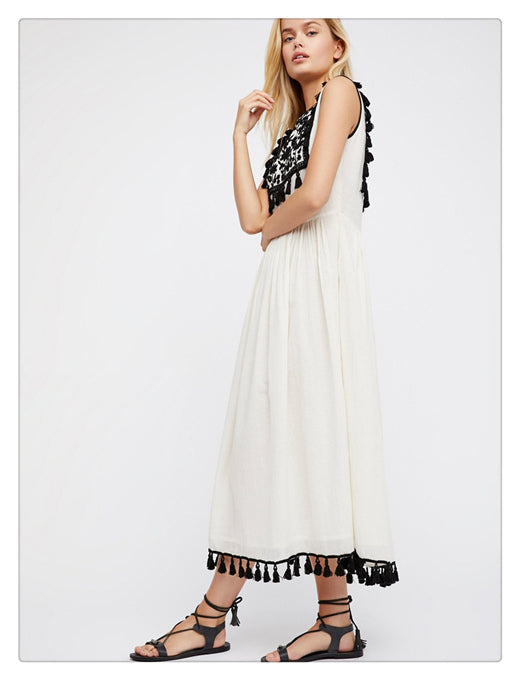 Bohemian Embroidered Floral Fringe Sleeveless Vest Dress