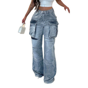 Women's Large Pocket Stitching Tooling High Waist Straight Jeans